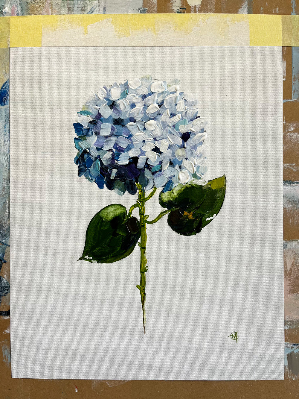 Single Blue Hydrangea Painted in Acrylic on Cotton Canvas on Easel roslynmary art.