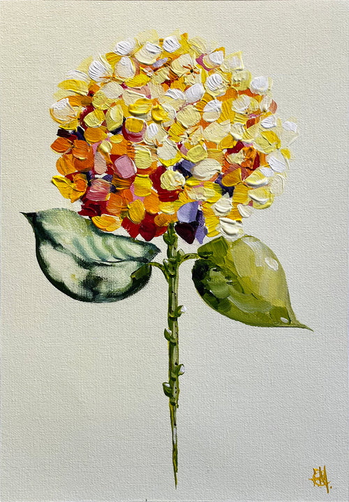 Single Yellow Hydrangea on Subtle Background Painted in Acrylic on Cotton Canvas roslynmary art.