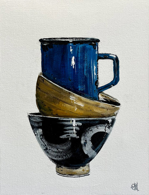 Stacked Cups Painted in Acrylic on Cotton Canvas roslynmary art.