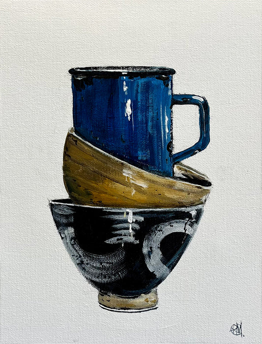 Stacked Cups Painted in Acrylic on Cotton Canvas roslynmary art.