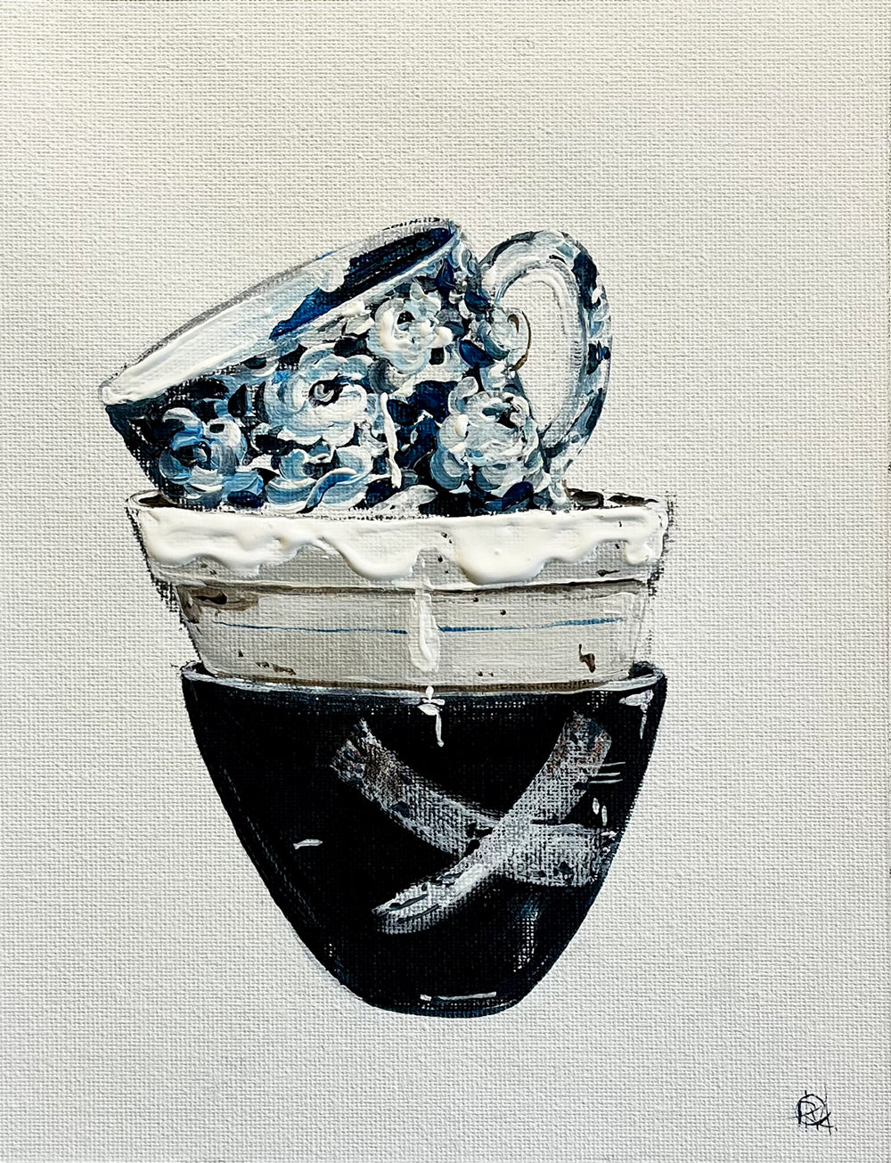 Stacked Cups Painted in Acrylic on Cotton Canvas roslynmary art.