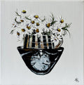 Painting of Daisies in a Stack of Cups Painted in Acrylic on Stretched Canvas roslynmary art.