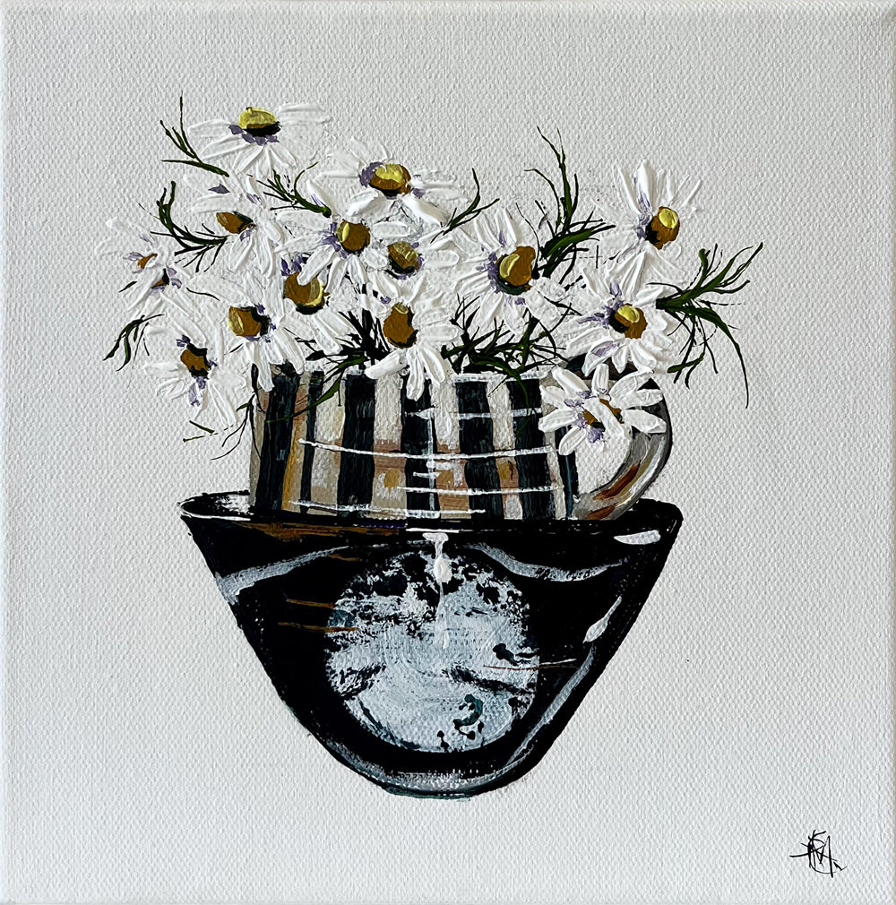 Painting of Daisies in a Stack of Cups Painted in Acrylic on Stretched Canvas roslynmary art.