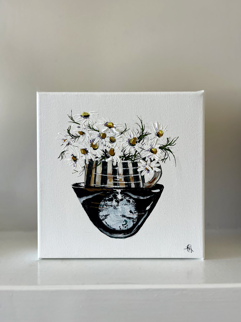 Painting of Daisies in a Stack of Cups Painted in Acrylic on Stretched Canvas on Mante roslynmary art.