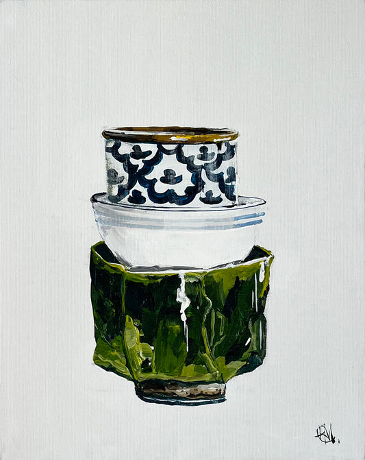 Painting of a Stack of Cups Painted in Acrylic on Canvas Board roslynmary art.