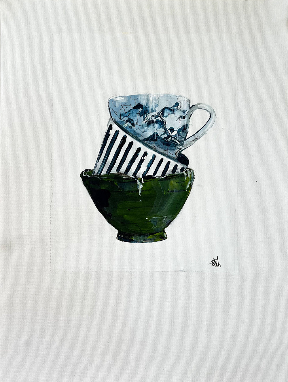 Painting of Stacked Cups Painted in Acrylic on Cotton Canvas with Border roslynmary art.