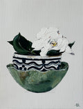 Painting of a Single White Camellia in a Stack of China Bowls Painted in Acrylic on Cotton Canvas roslynmary art.