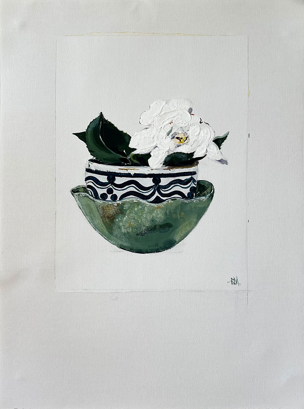 Painting of a Single White Camellia in a Stack of China Bowls Painted in Acrylic on Cotton Canvas with Border roslynmary art.