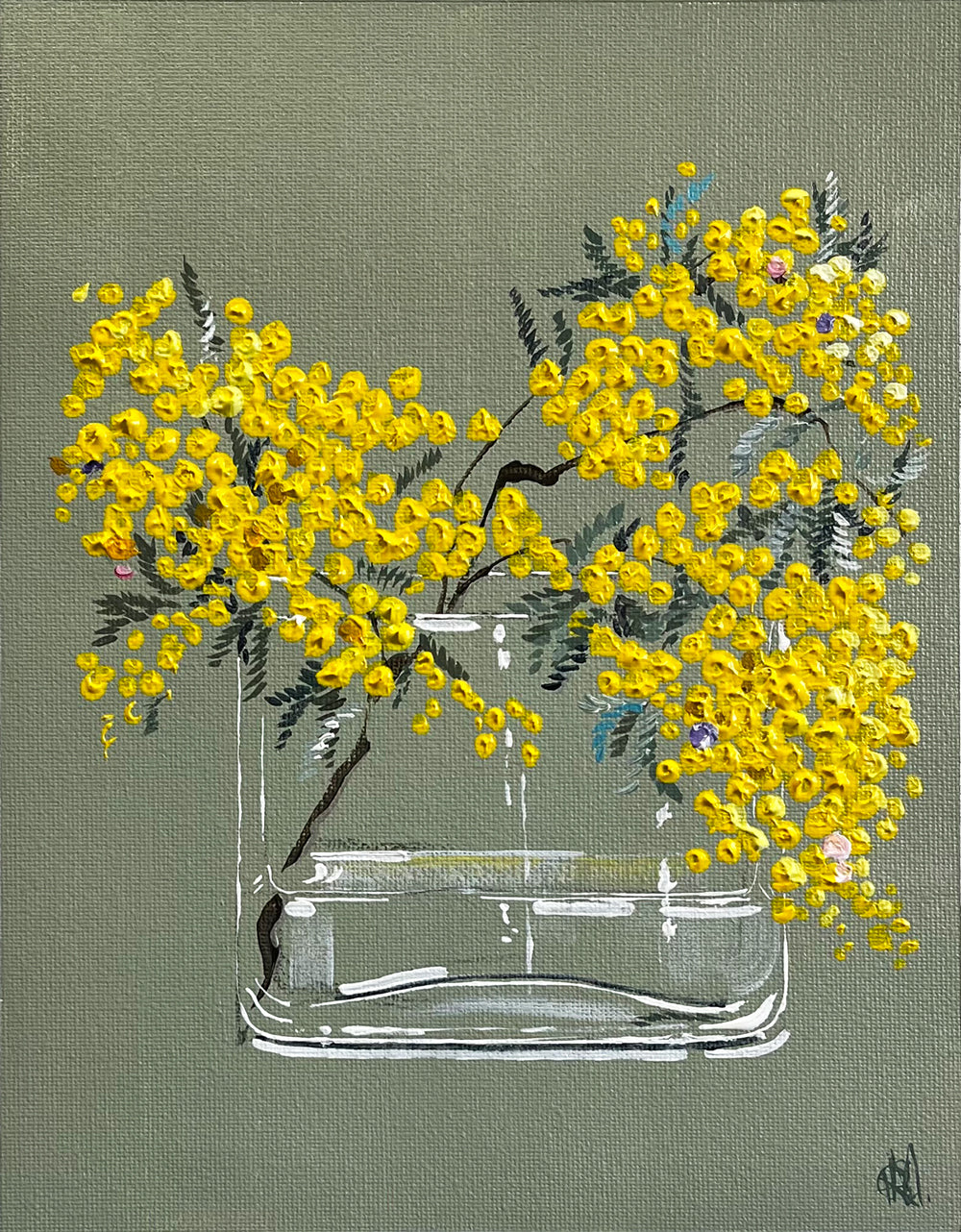 Painting of Golden Wattle in a Glass Vase Painted in Acrylic on Cotton Canvas roslynmary art.