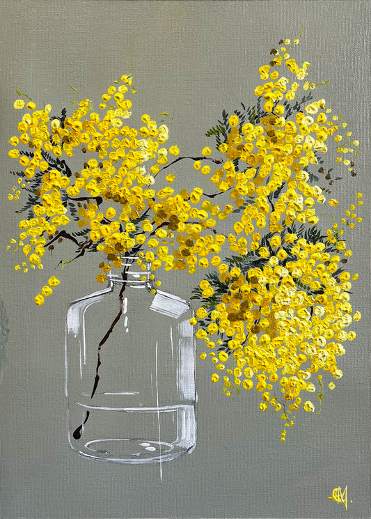 Painting of Golden Wattle in Glass Vase Painted in Acrylic on Cotton Canvas roslynmary art.