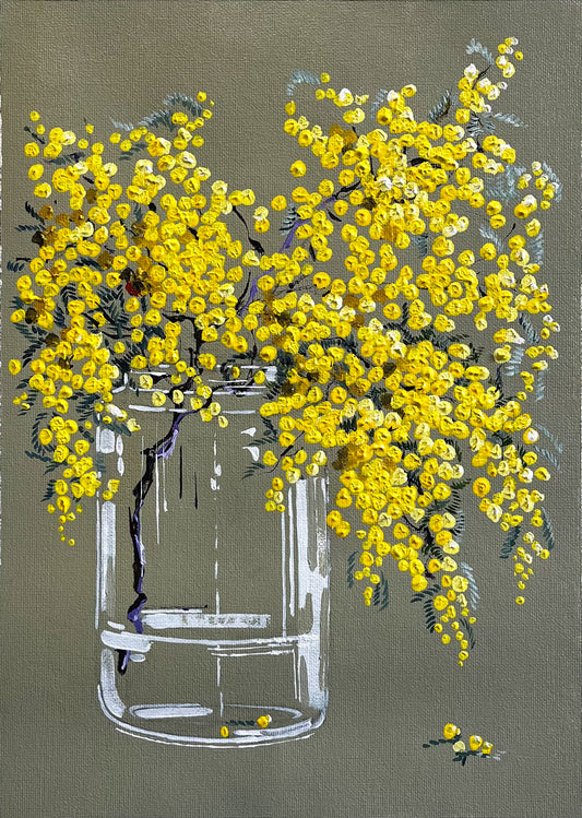 Painting of Golden Wattle in Glass Jar Painted in Acrylic on Cotton Canvas roslynmary art.