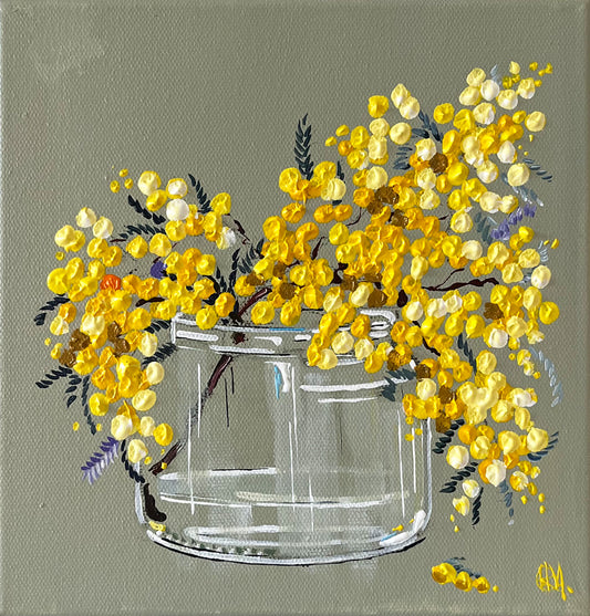 Painting of Golden Wattle in Glass Jar Painted in Acrylic on Stretched Canvas roslynmary art.