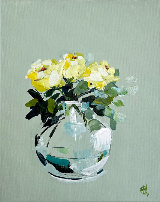Painting of Yellow Roses in Glass Vase Painted in Acrylic on Canvas Board roslynmary art.