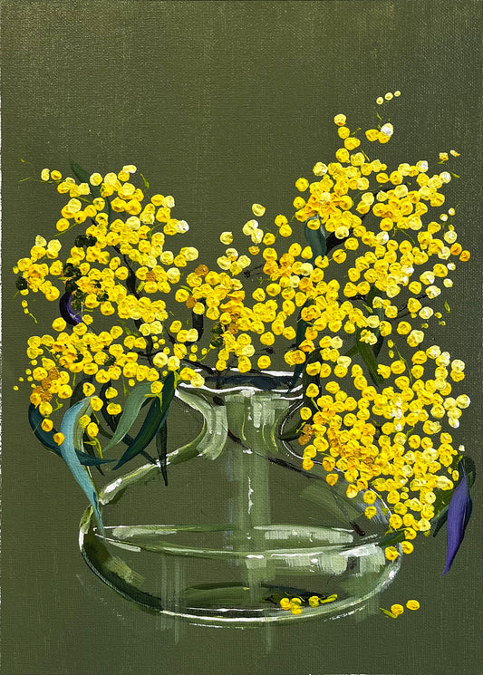 Painting of Golden Wattle in Glass Vase Painted in Acrylic on Cotton Canvas roslynmary art.