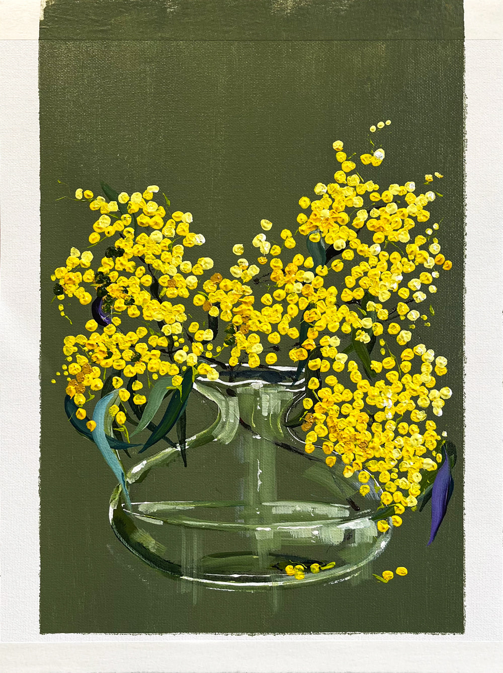 Painting of Golden Wattle in Glass Vase Painted in Acrylic on Cotton Canvas with Border roslynmary art.