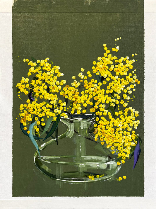Painting of Golden Wattle in Glass Vase Painted in Acrylic on Cotton Canvas with Border roslynmary art.