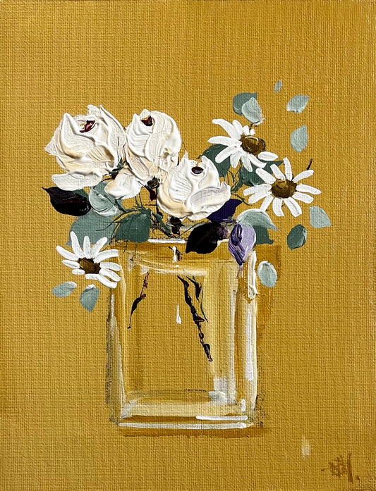 Painting of White Roses & Daisies Painted in Acrylic on Cotton Canvas roslynmary art.