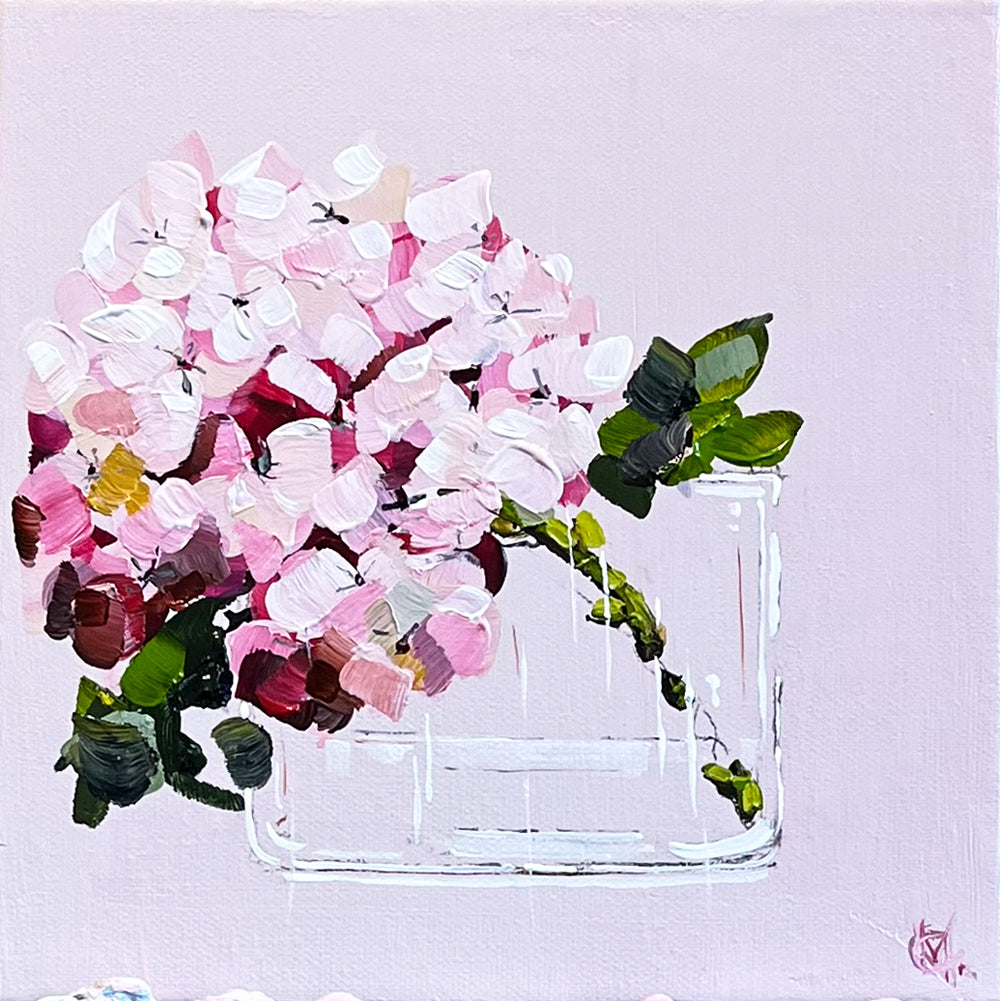 Painting of Pink Hydrangeas in Glass Vase Painted in Acrylic on Stretched Canvas roslynmary art.