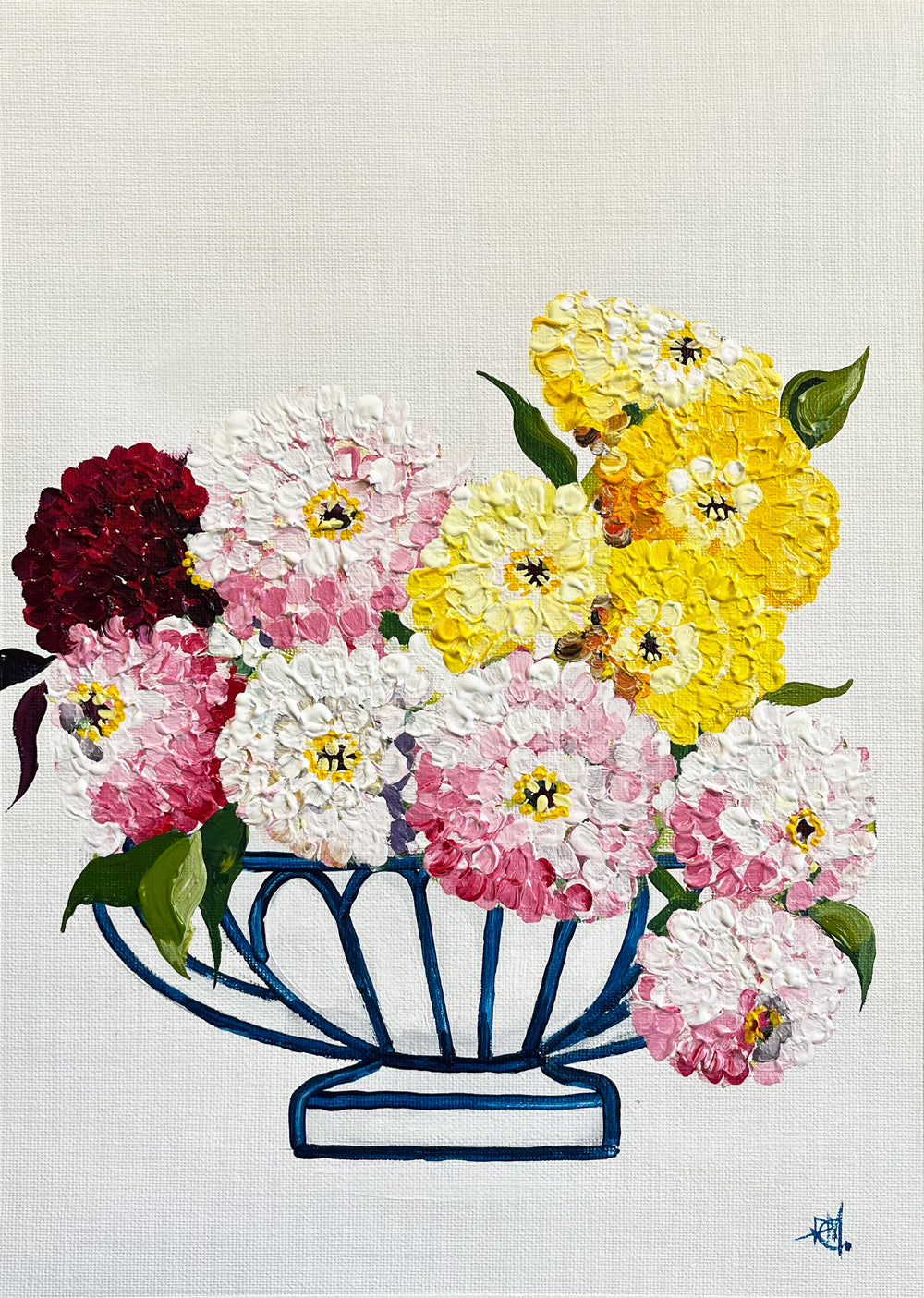 Zinnias Painted in Acrylic on Cotton Canvas roslynmary art.