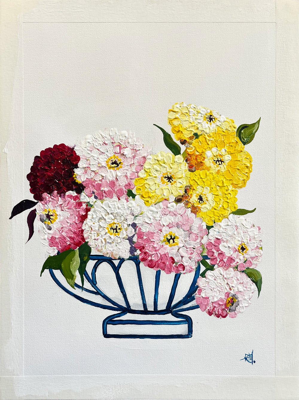 Zinnias Painted in Acrylic on Cotton Canvas with Border roslynmary art.