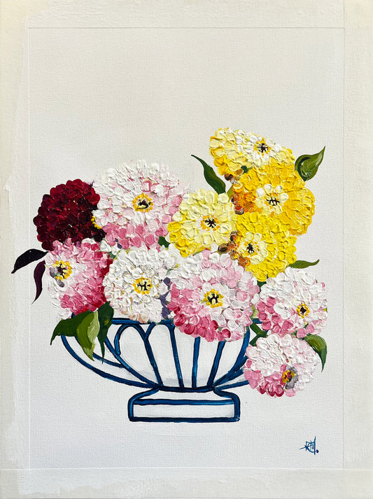 Zinnias Painted in Acrylic on Cotton Canvas with Border roslynmary art.