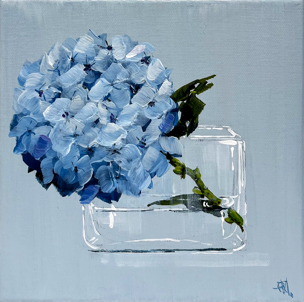 Painting of Blue Hydrangeas in Glass Vase Painted in Acrylic on Stretched Canvas roslynmary art.