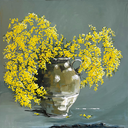 Golden Wattle in Ceramic Jar Painted in Acrylic on Stretched Canvas roslynmary art.