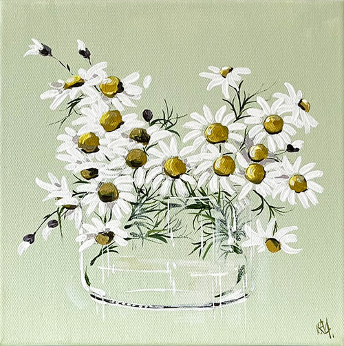 Painting of Daisies in Glass Vase Painted in Acrylic on Stretched Canvas roslynmary art.