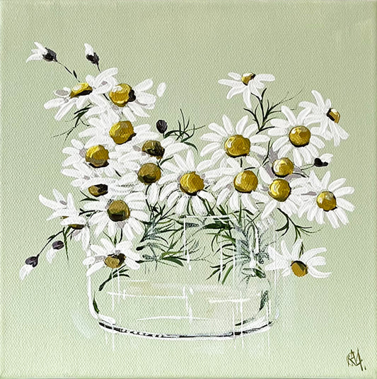 Painting of Daisies in Glass Vase Painted in Acrylic on Stretched Canvas roslynmary art.