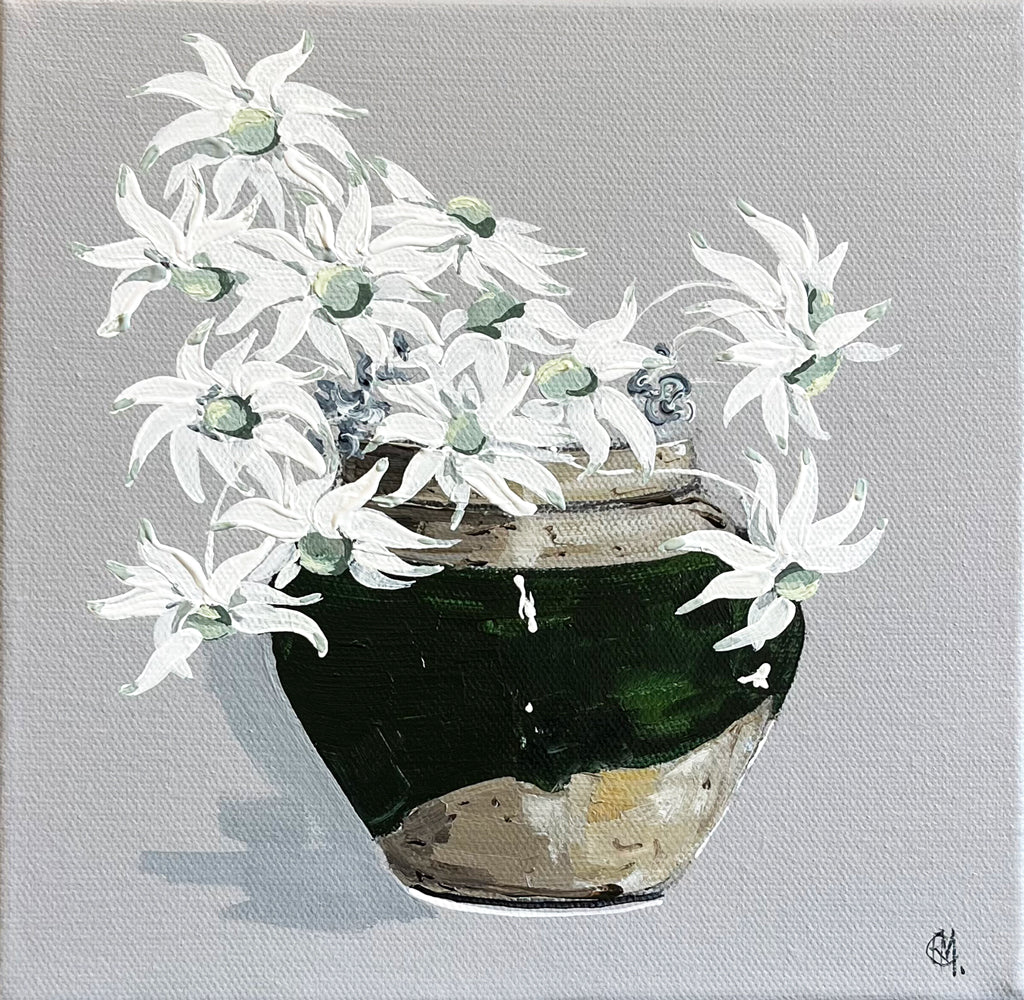 Painting of Daisies in Ceramic Jar Painted in Acrylic on Stretched Canvas roslynmary art.