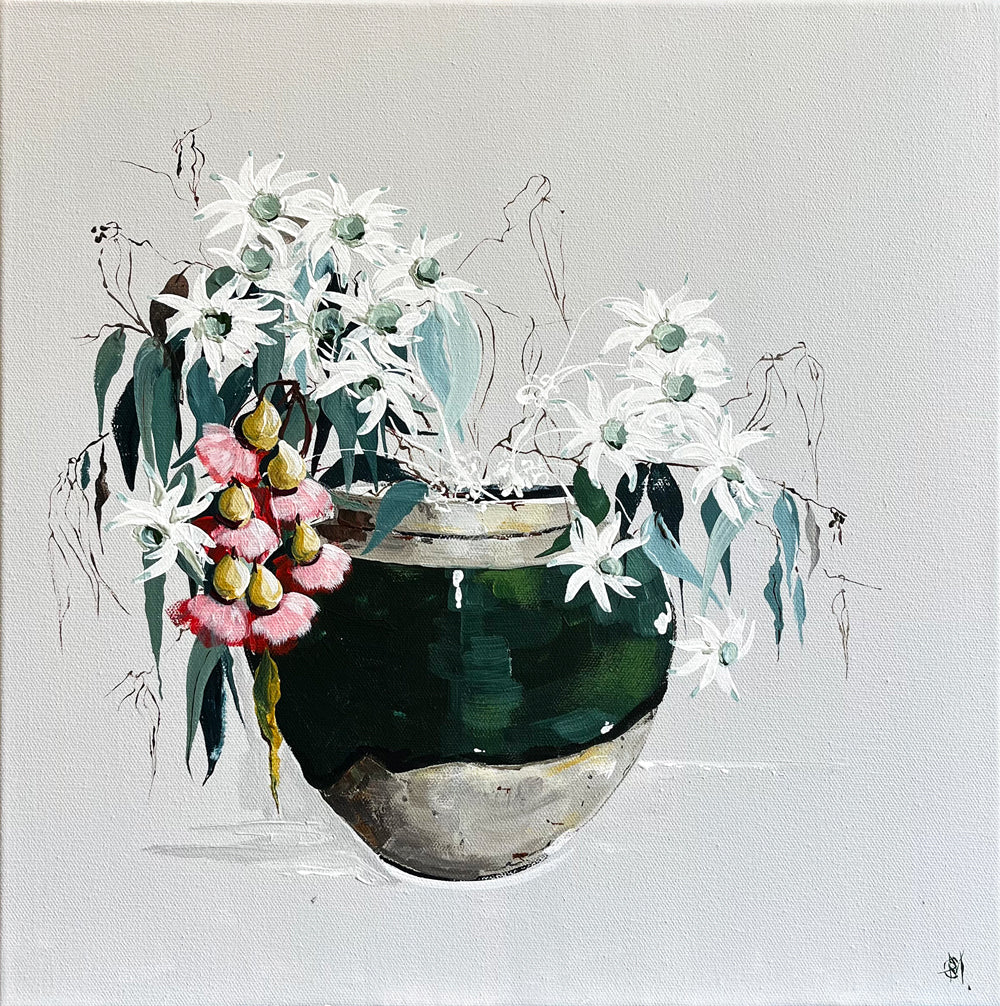 Painting of Daisies & Eucalypt Blossom in Ceramic Jar Painted in Acrylic on Stretched Canvas roslynmary art.