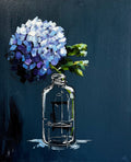Single Blue Hydrangea in Glass Bottle on Dark Navy Background Painted in Acrylic on Cotton Canvas roslynmary art.