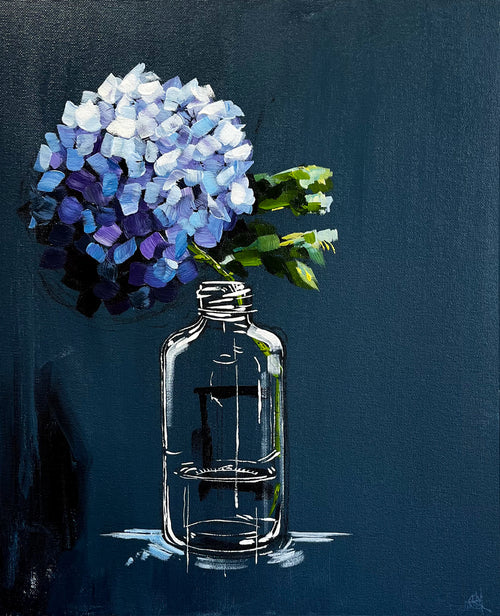 Single Blue Hydrangea in Glass Bottle on Dark Navy Background Painted in Acrylic on Cotton Canvas roslynmary art.