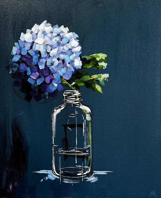 Single Blue Hydrangea in Glass Bottle on Dark Navy Background Painted in Acrylic on Cotton Canvas roslynmary art.