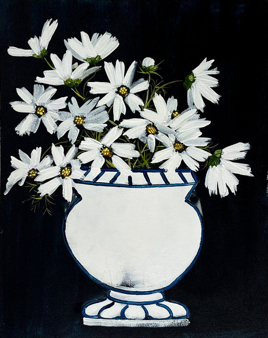 White Daisies in White Vase on Navy Background Painted in Acrylic on Cotton Canvas roslynmary art.