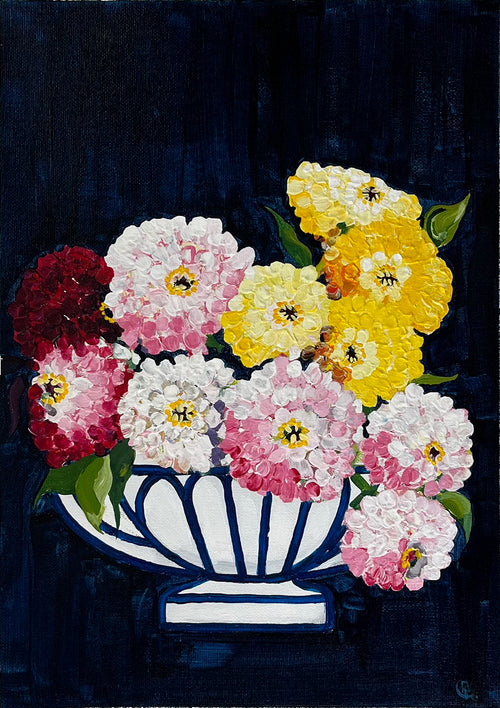 Colourful Poppies in White Vase on Navy Background Painted in Acrylic on Cotton Canvas roslynmary art.