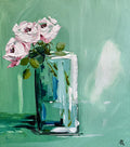 Painting of Pink Roses in Vase on Washed Green Background Painted in Acrylic on Cotton Canvas roslynmary art.
