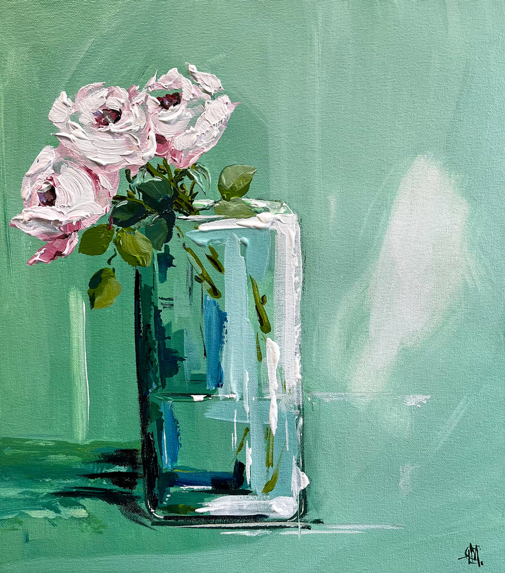 Painting of Pink Roses in Vase on Washed Green Background Painted in Acrylic on Cotton Canvas roslynmary art.