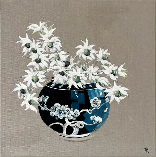 Painting of Daisies in China Vase Painted in Acrylic on Stretched Canvas roslynmary art.
