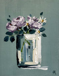 Purple Roses in Vase on Green Background Painted in Acrylic on Cotton Canvas roslynmary art.