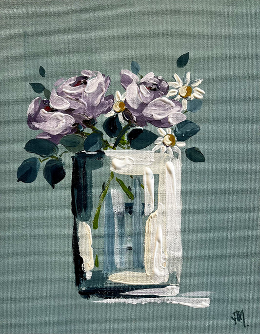 Purple Roses in Vase on Green Background Painted in Acrylic on Cotton Canvas roslynmary art.