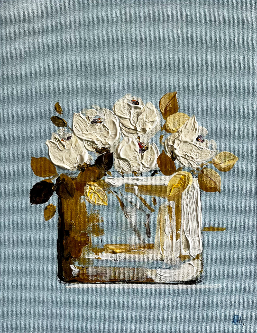 White Roses in Vase on Light Blue Painted in Acrylic on Cotton Canvas roslynmary art.