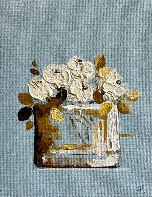 White Roses in Vase on Light Blue Painted in Acrylic on Cotton Canvas roslynmary art.