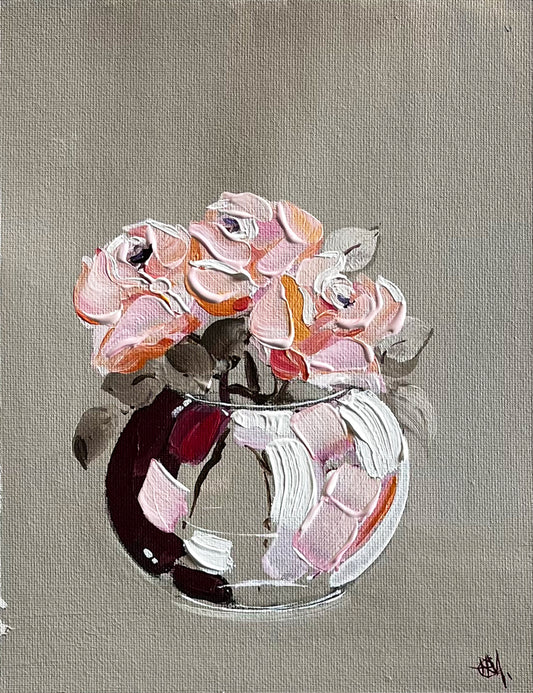 Pink Roses in Vase Painted in Acrylic on Cotton Canvas roslynmary art.