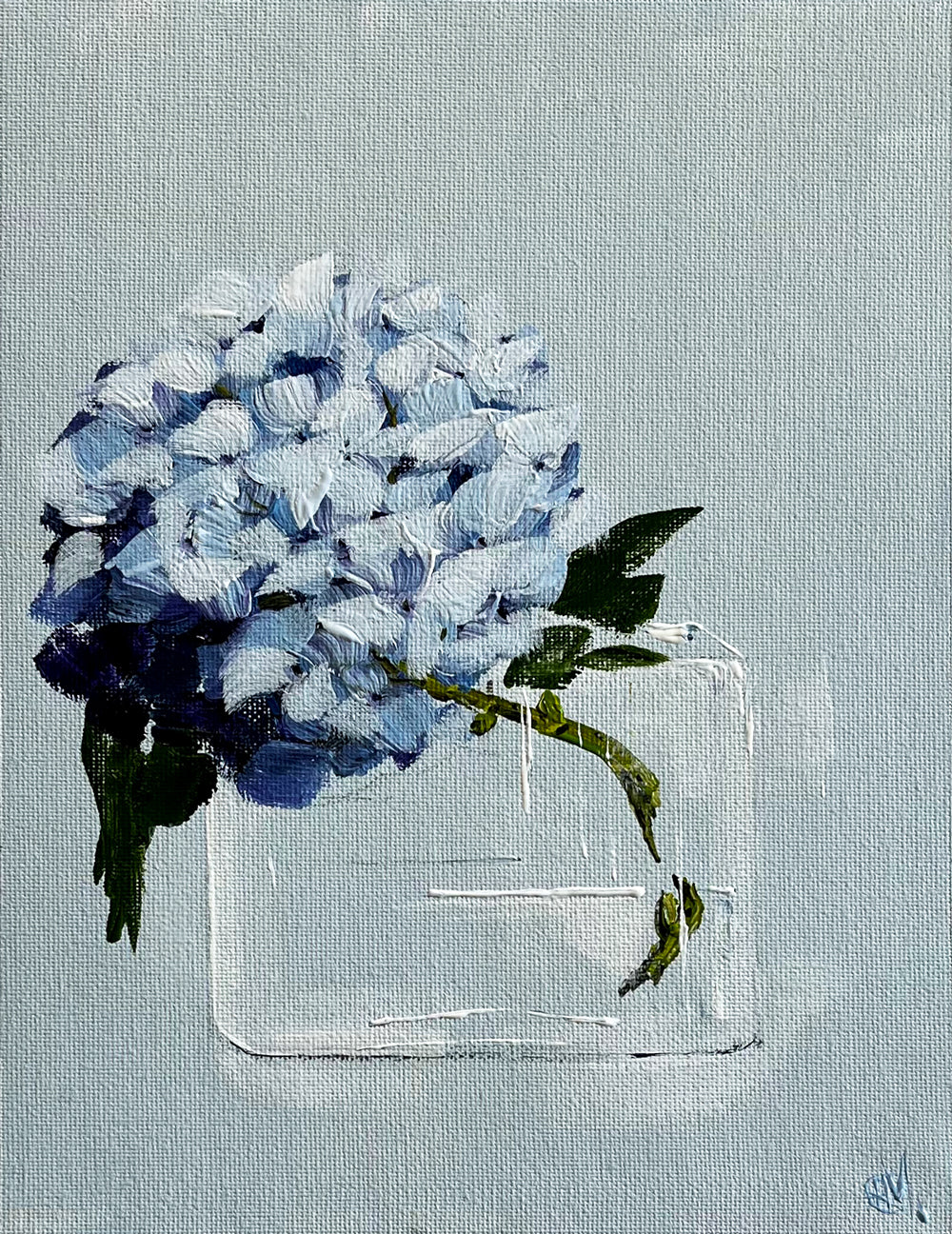 Subtle Blue Hydrangea in Glass Vase Painted in Acrylic on Cotton Canvas roslynmary art.