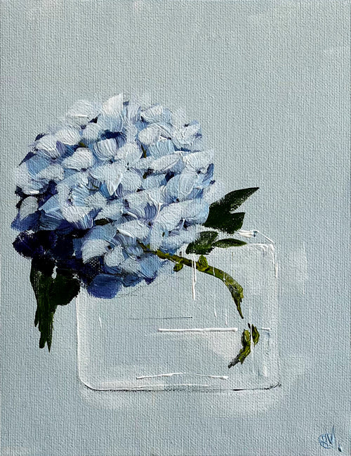 Subtle Blue Hydrangea in Glass Vase Painted in Acrylic on Cotton Canvas roslynmary art.