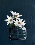 Daisies in Glass Vase on Dark Navy Background Painted in Acrylic on Cotton Canvas roslynmary art.