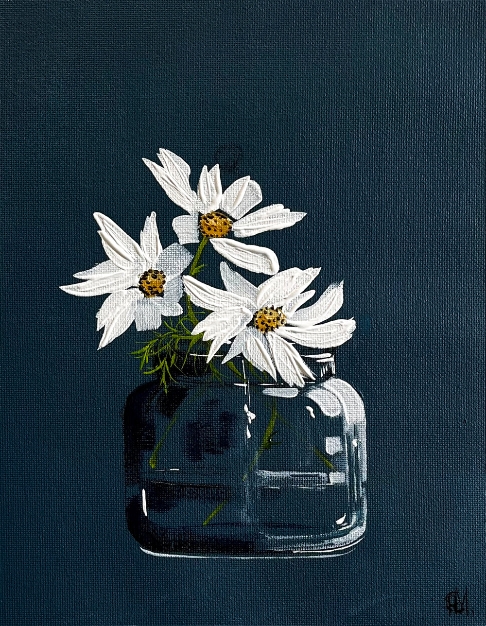 Daisies in Glass Vase on Dark Navy Background Painted in Acrylic on Cotton Canvas roslynmary art.