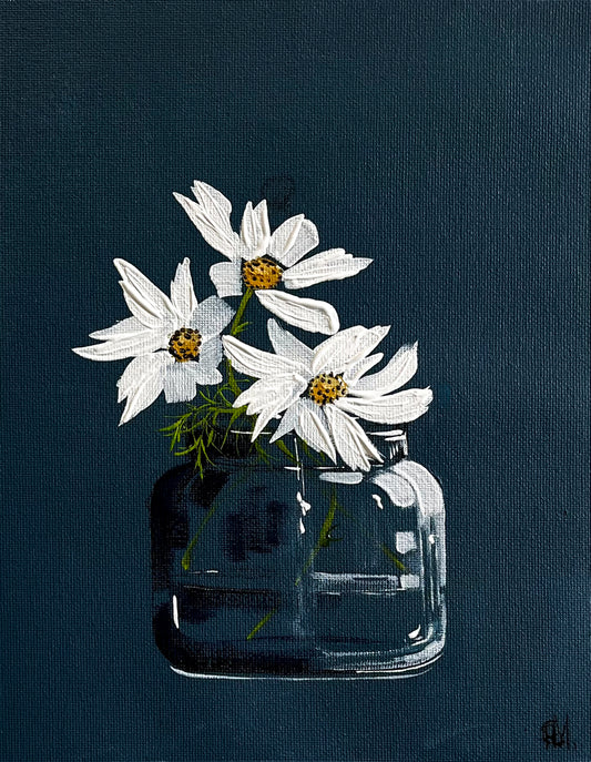 Daisies in Glass Vase on Dark Navy Background Painted in Acrylic on Cotton Canvas roslynmary art.