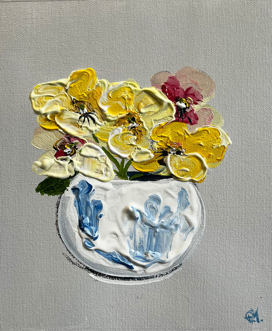 Yellow Violets in Blue & White Ceramic Vase Painted in Acrylic on Cotton Canvas roslynmary art.
